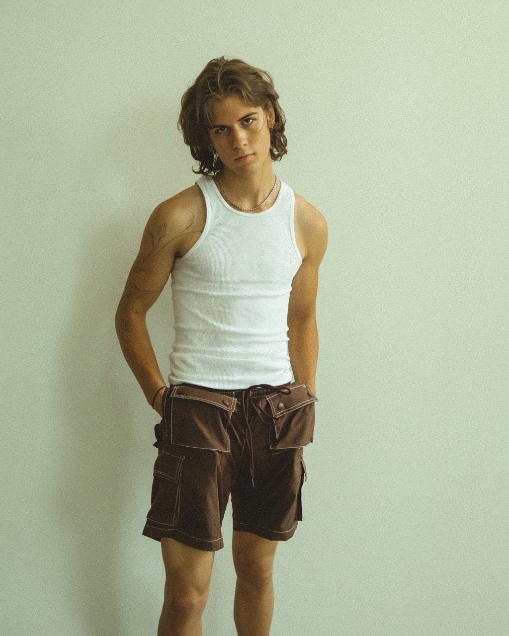 BROWN CONTRAST STITCH SHORTS