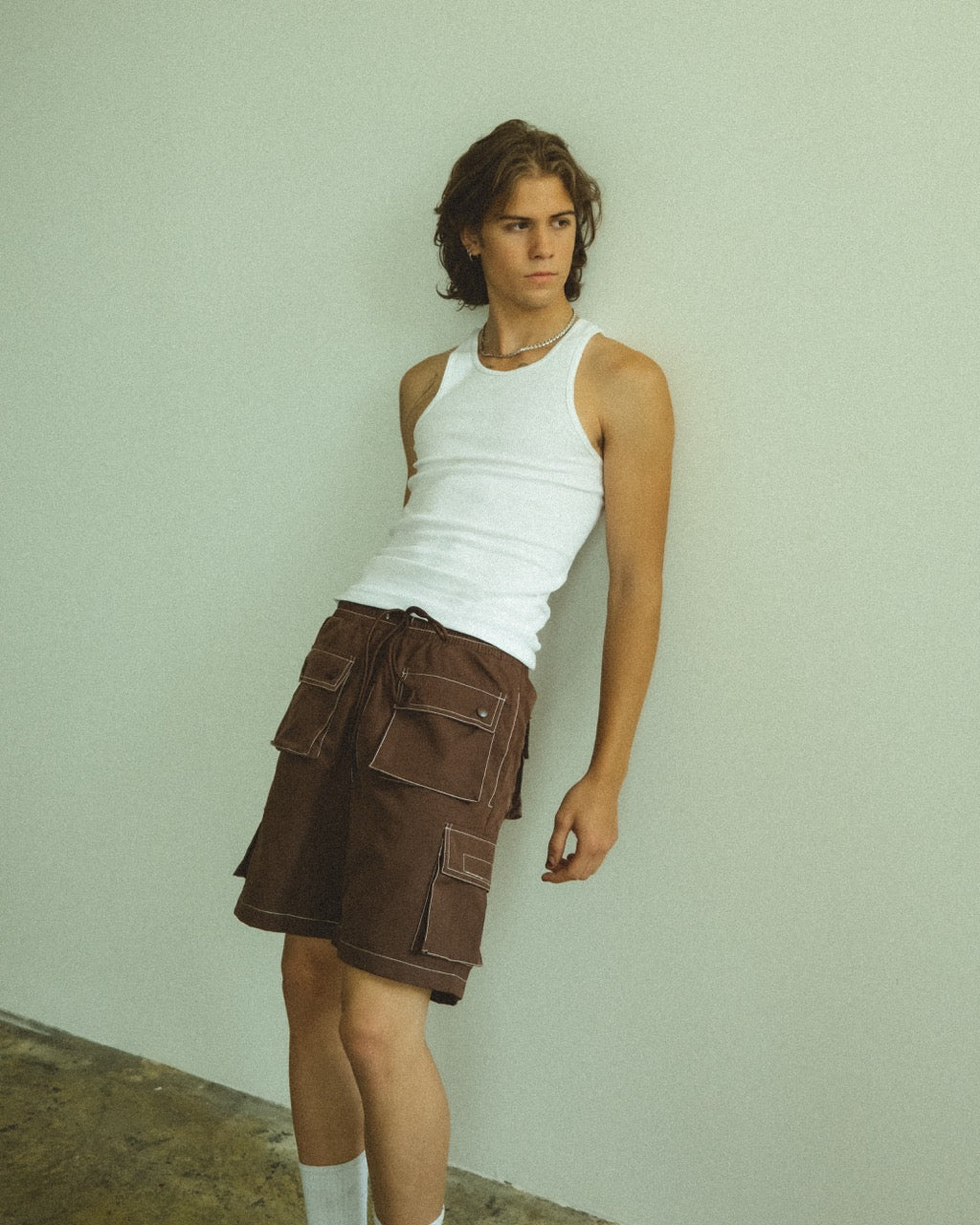 BROWN CONTRAST STITCH SHORTS