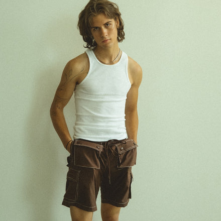 BROWN CONTRAST STITCH SHORTS