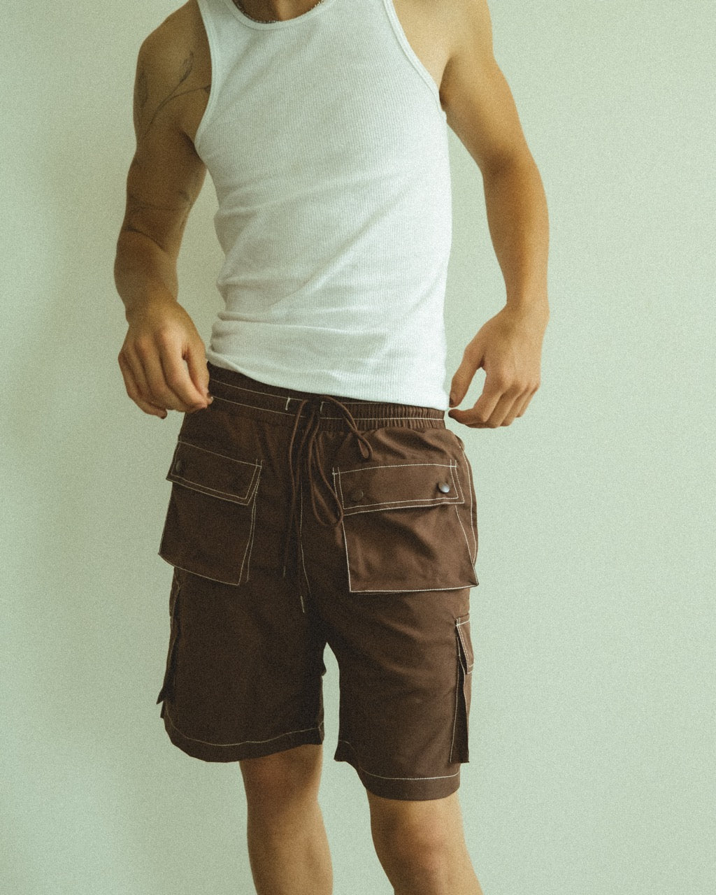 BROWN CONTRAST STITCH SHORTS