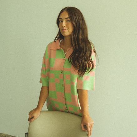 CHECKERED SWEATER TOP // PINK + LIME