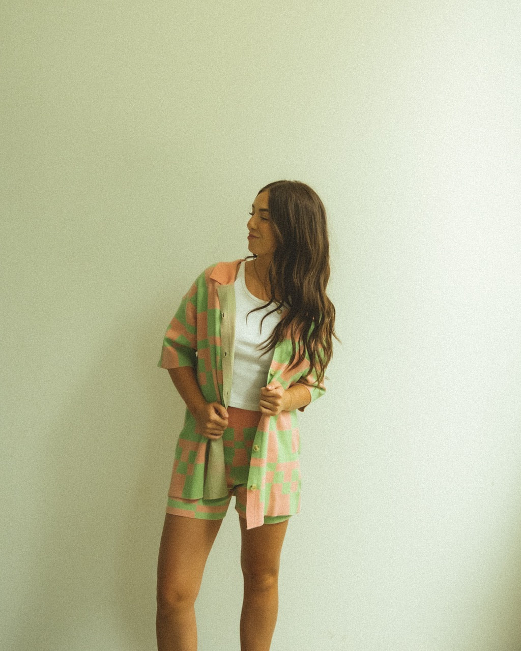 CHECKERED SWEATER SHORTS // PINK + LIME